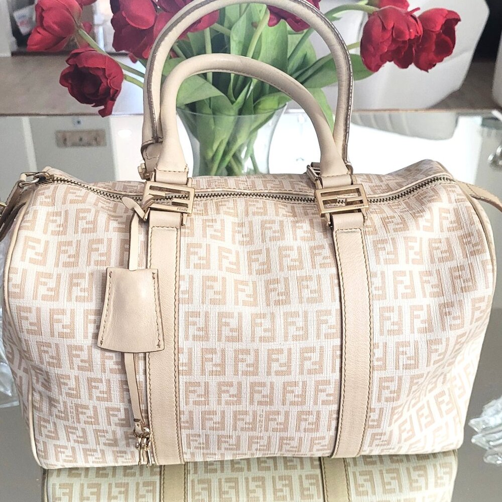 Fendi FF Monogram Boston Handbag with Lock & 2 Keys